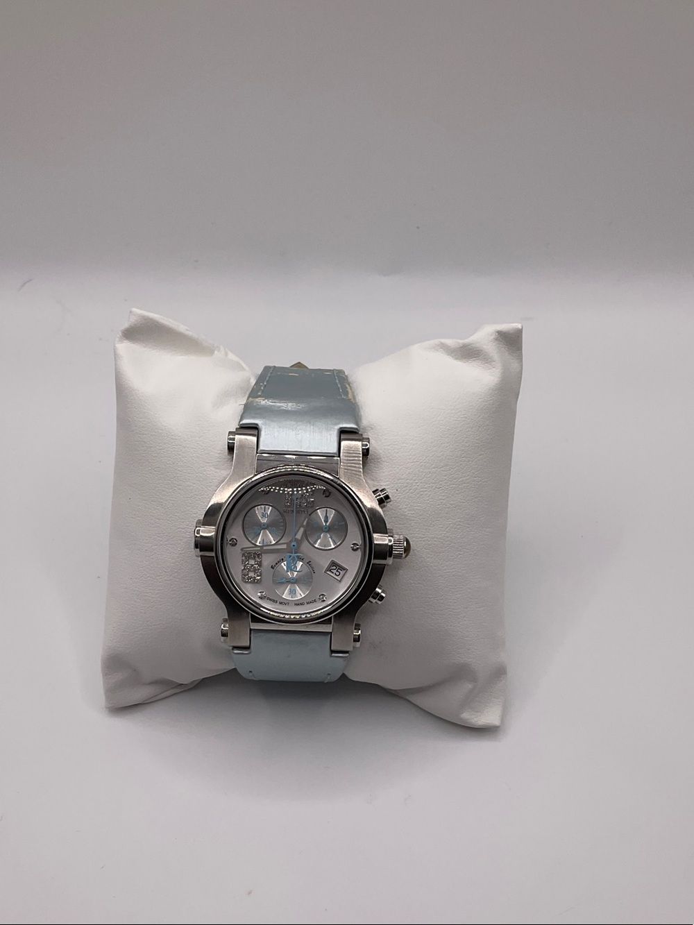 Women's Silver Chronograph Watch with Light Blue Strap, works needs battery-band